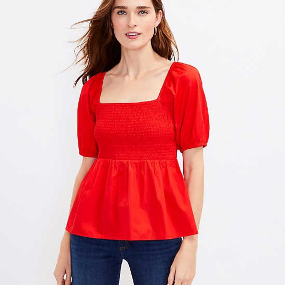 LOFT Melon Smocked Puff Sleeve Top